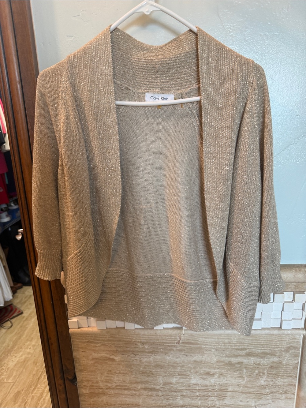 Calvin Klein Shimmery Taupe Open-Front Cardigan